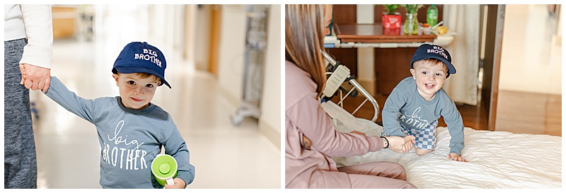 Collage of a toddler in a blue 'Big Brother' hat leading his father through a hospital hallway, then climbing onto the hospital bed to reach his mom.