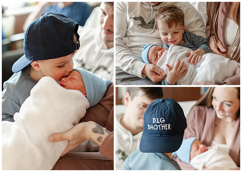 Collage of big brother in a dark blue hat kissing his newborn sibling in a light blue hat, holding him with mom and dad's help, and looking at his family with his hat on backwards.