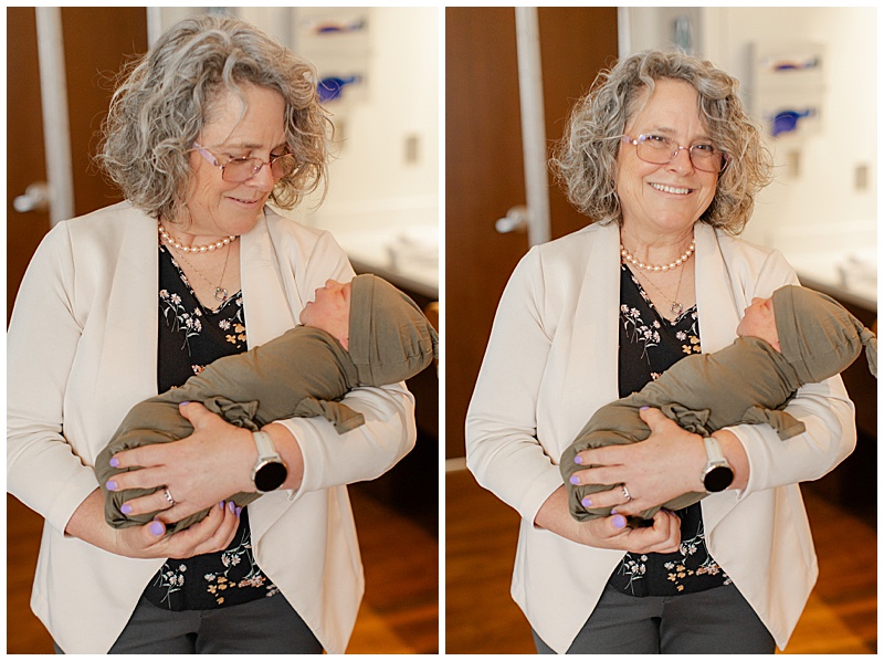 Dr. Victoria Shirley holding the newborn baby she delivered; in the first photo she is smiling at the baby, and in the second she is smiling at the camera.