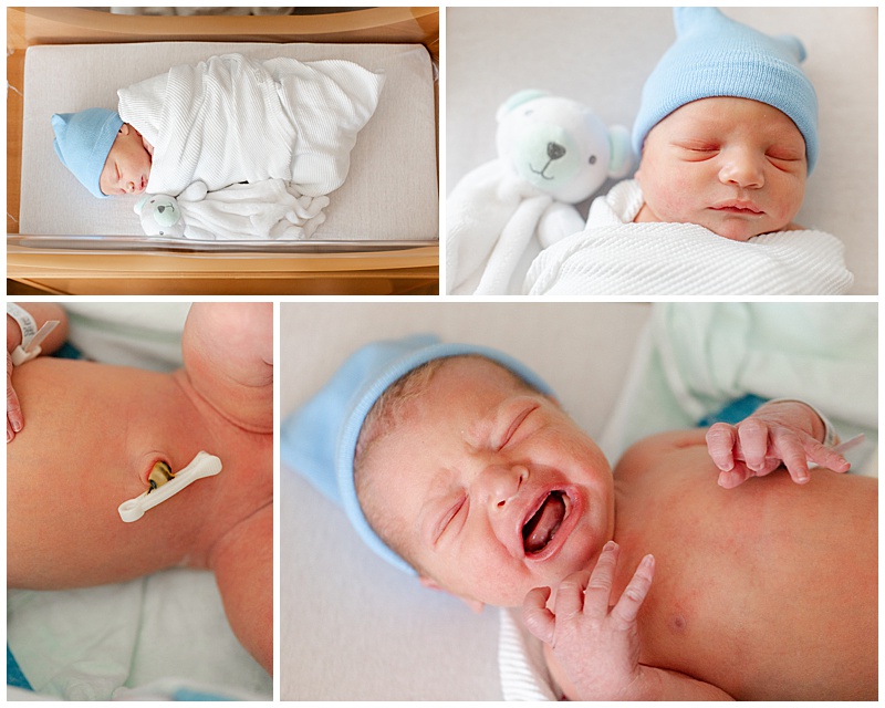 Collage of four images: newborn wrapped in a white swaddle with a blue hat and snuggle bear, a close-up of the same setup, a close-up of the baby’s belly button, and the baby scrunching his face into a cry.