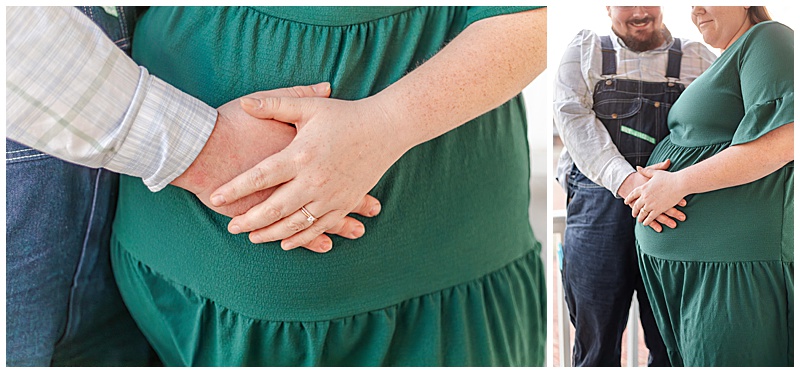Collage of two maternity images: First image is a close-up of a husband and wife’s hands gently holding the wife’s baby bump. The second image shows them in the same pose, but slightly pulled back to reveal their full bodies and half of their smiling faces, capturing a warm, intimate moment.
