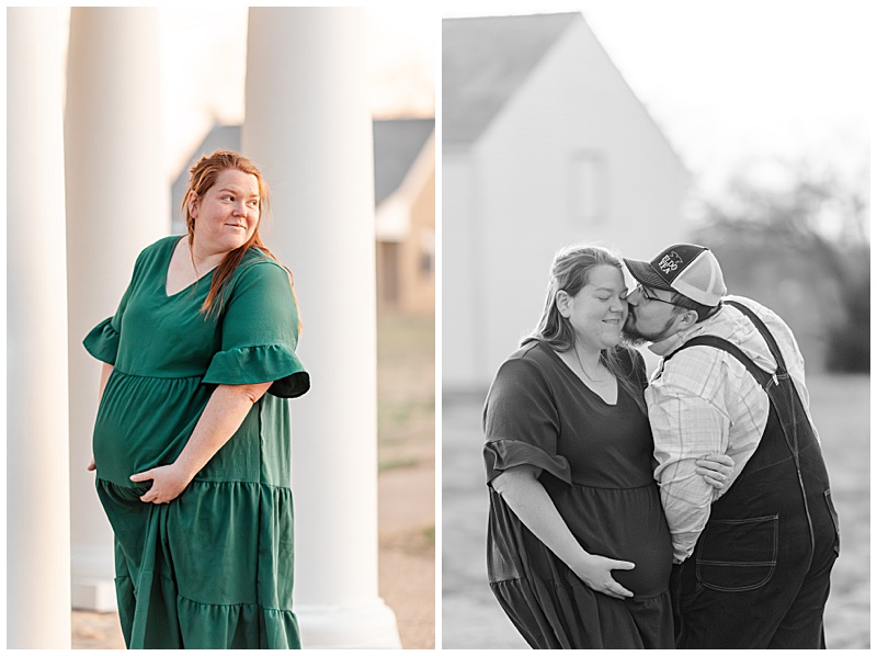 Collage of two maternity images: First image shows a wife in an emerald green dress turned to the side, looking over her shoulder while gently holding the bottom of her baby bump. Second image is a black-and-white shot of the husband and wife together, with the wife holding her baby bump and her arm looped into the husband’s. The husband leans in to kiss her on the cheek, creating an intimate, loving moment.