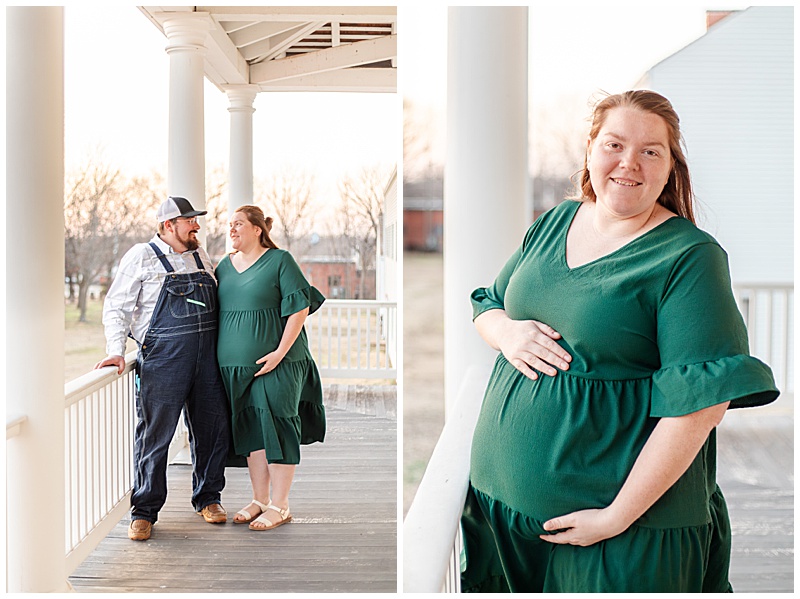 Collage of maternity images: A couple on a white porch balcony, looking at each other with the husband holding the rail and the wife gently cradling her baby bump. The second image features the wife standing alone, softly looking into the camera with both hands holding her belly wearing a emerald green dress in a peaceful, timeless moment.