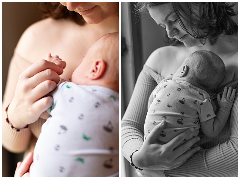 Collage of two tender newborn moments: first, a close-up of mother and baby holding hands while the baby rests on her chest; second, a black and white photo of the mother looking down lovingly at her newborn in a quiet, intimate moment.