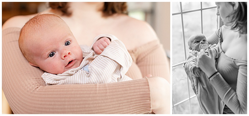 Collage of two in-home newborn photos: first, a close-up of a newborn being held outward by his mother; second, the mother standing in front of a window, gently holding her newborn in her arms, with their hands touching as they look at each other.