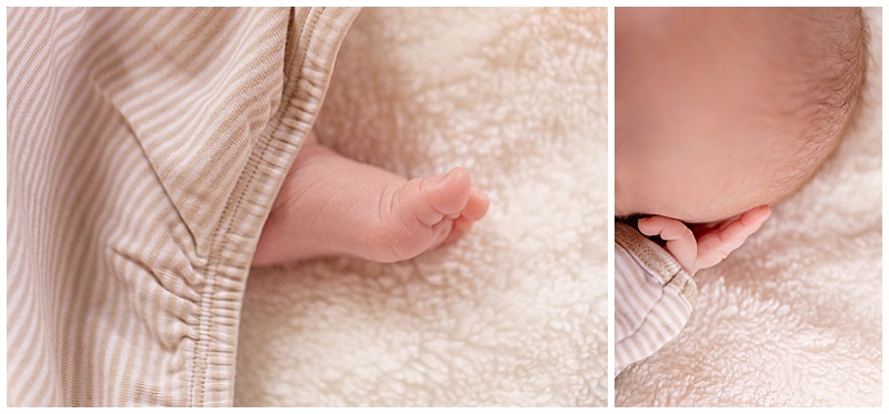 Collage of newborn detail photos: first, the baby’s tiny foot peeking out of a tan-and-white striped sleeper; second, a close-up of the baby's hand resting near his temple, fingers extended with the pinkie finger curled down.