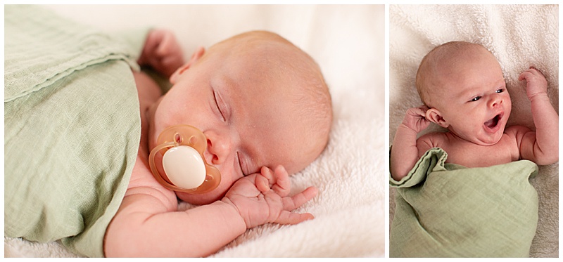 Collage of newborn swaddle images: first, baby asleep in a light green swaddle with a tan pacifier, hands visible and one near his face; second, the same infant mid-yawn while stretching after waking up.