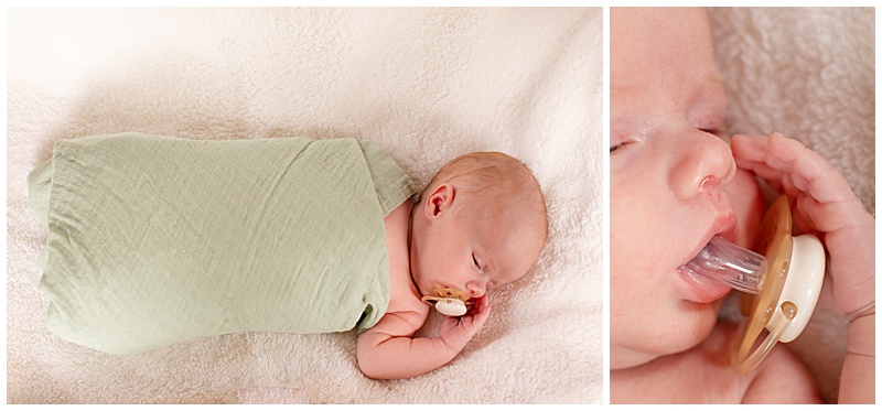 Collage of newborn swaddle details: first, baby sleeping with one arm out of the swaddle, gently holding a pacifier; second, a close-up of the pacifier slowly falling from the baby’s mouth while his hand supports it.