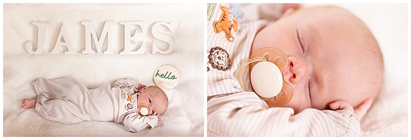 Collage of newborn announcement photos: first, the baby in a tan-and-white striped sleeper lying beside a “Hello World” sign and his name spelled out behind him; second, a close-up of the same baby sleeping with a brown and tan pacifier.