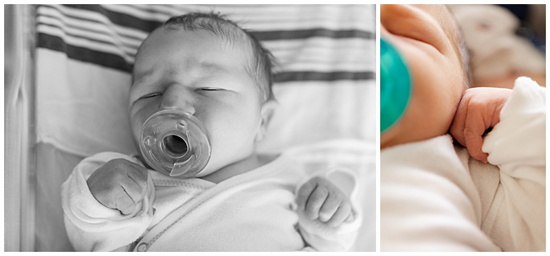 Collage of two images: first, a black and white of a newborn sucking a pacifier with hands tightly closed; second, a close-up of his tiny clenched hand in the same position.