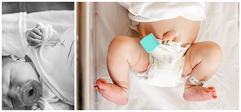 Collage of two images: first, a black-and-white photo of the newborn with a pacifier, highlighting his clenched hand; second, a detailed shot of his freshly cut umbilical cord and curled-up feet.