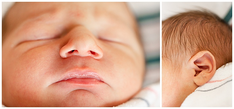 Collage of two close-up images: first, the newborn’s lips and nose in soft focus; second, his tiny ear framed by dark newborn hair.