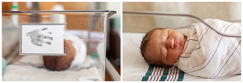 Collage of two images: first, a side view of a newborn resting in a hospital cot with a visible handprint on his ID paperwork; second, the newborn sleeping swaddled in a classic pink-and-blue hospital blanket.