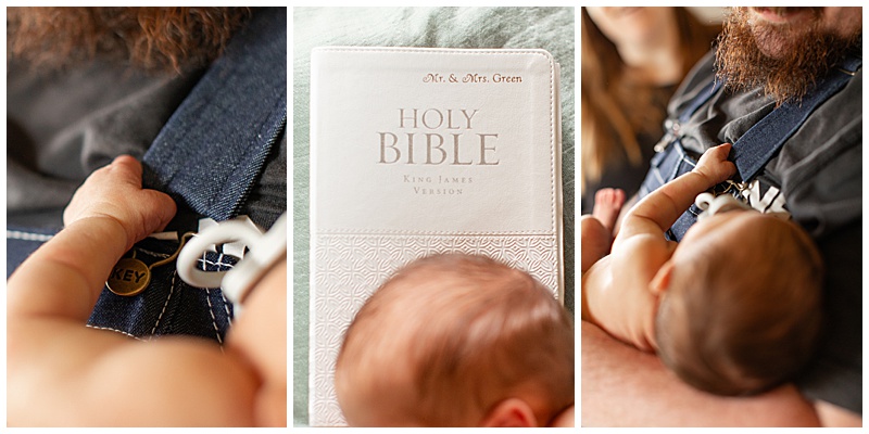 Collage of three images: first, a newborn tightly grips his father’s denim overalls; second, the top of the baby’s head rests gently on a family wedding Bible; third, a wider view shows the baby’s hand still holding the overalls, with the father smiling down and the mother smiling in the background.