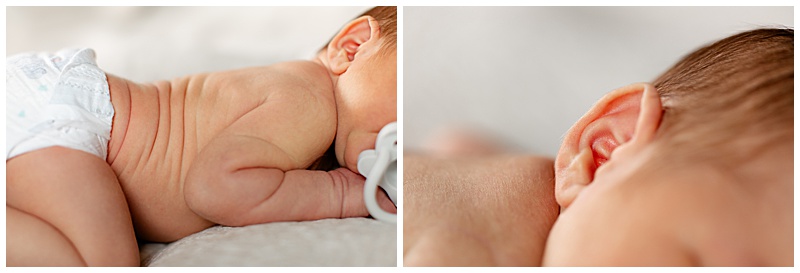 Collage of two close-up images: the first shows the baby's soft back rolls, and the second captures the delicate curve of his ear.