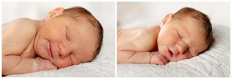 Collage of two images showing a newborn baby on his tummy on a white background. In both close-up shots, his tiny hand rests beneath his chin; in the second image, his mouth is slightly open.