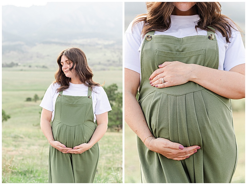 Collage of two images, one is a pregnant woman holding stomach with both hands on bottom, her eyes are closed and her chin is tilted towards her shoulder, for a soft moment. The second is a close up of a tender hold of her baby bump, one hand on top and one on bottom. She is wearing green overalls and a white tee shirt, standing in front of the mountains.