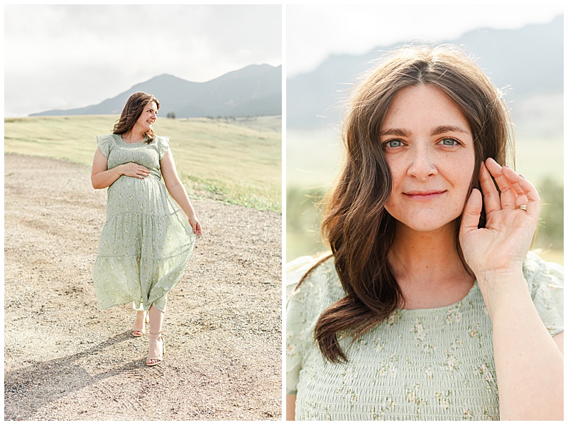 Collage of two images, both the same woman in a floral, flowy, light green dress. In the first image she is walking towards camera, swishing her dress, with one hand on top of her baby bump, she is looking over her shoulder. The second is a closeup of her tenderly brushing her hair out of her face while softly smiling into the camera.