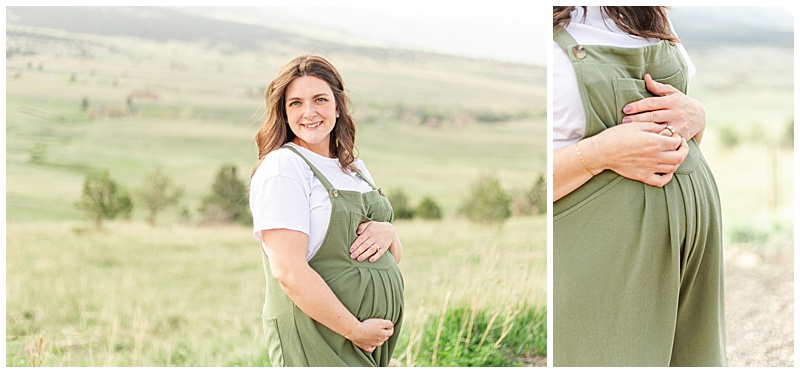 Collage of two images, one is a pregnant woman holding stomach on top and bottom, smiling into camera. The second is a close up of her adjusting her wedding band while resing her hands on top of her baby bump. She is wearing green overalls and a white tee shirt, standing in front of the mountains.
