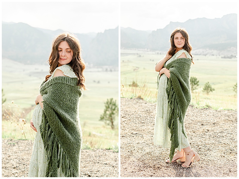 Collage of two images. The same woman is wearing a long, light green, flowing, floral dress with a green shawl. In the first image she is wrapped in the shawl looking down over her shoulder while gently cupping her baby bump. In the second she is standing the same but brushing her hair out of her face and looking at the camera.