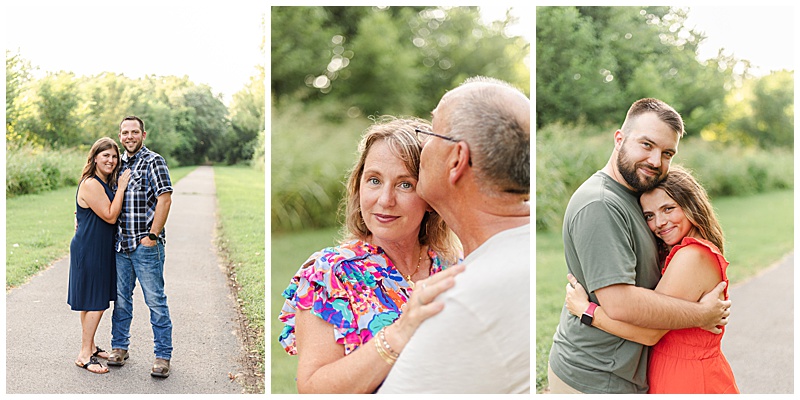 Daughter in a long blue dress with her boyfriend, hand on his chest, during a couple’s portrait; mother looking over father’s shoulder as he kisses her forehead; youngest daughter smiling in a warm hug with her husband, captured in a multi-generational family session.
