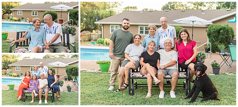 Grandparents laughing together on a bench; portrait of grandparents, parents, and adult daughters; extended family portrait including youngest daughter’s husband and their dog, showcasing a joyful multi-generational Midwest family session.