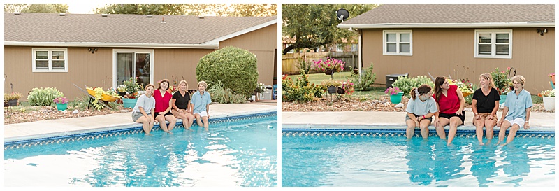 Grandmother, mother, and daughters sitting with their feet in a pool, smiling at the camera; same four laughing and enjoying a playful moment together, captured in a lifestyle family photography session.