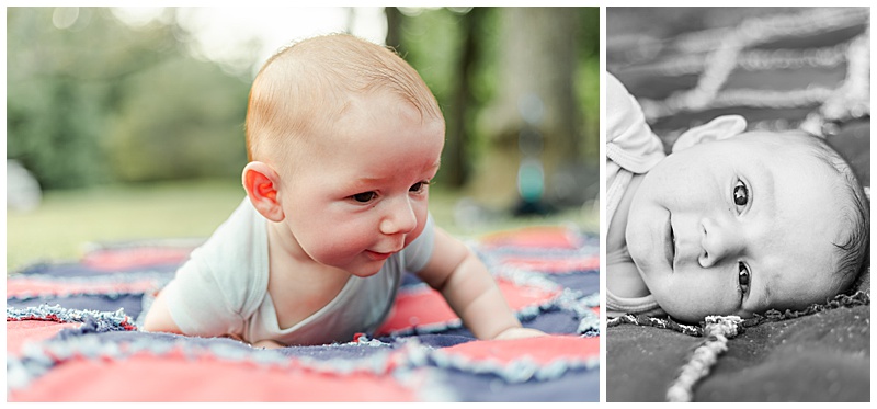 Collage of baby milestone, first 3 month old boy is pushing himself up onto his hands for tummy time, second is a black and white closeup of the baby's face while laying on generational quilt.
