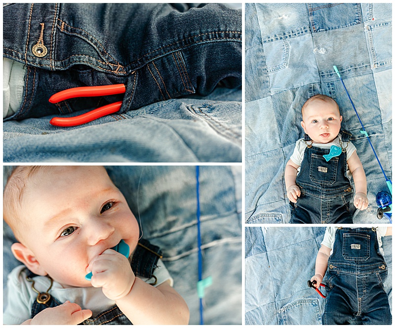 Collage of baby milestone photography. first is red pliers in 3 month old's overalls, second is same infant looking at camera beside his fishing pole with his toy fish resting on his chest. Third is infant chewing on toy fish. Fourth is infant holding his red pair of pliers.
