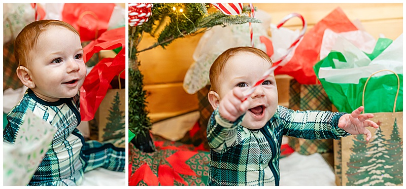 collage of two. 1. 6 month old looking off camera, sitting in between Christmas bags with filling paper. 2. 6 month old showing the camera a candy cane excitedly.