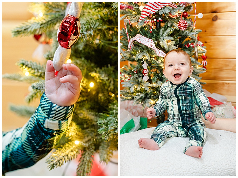 collage of two. 1. infants hand holding a candy Christmas ornament. 2. 6 month old is laughing and dancing in front of the Christmas tree.