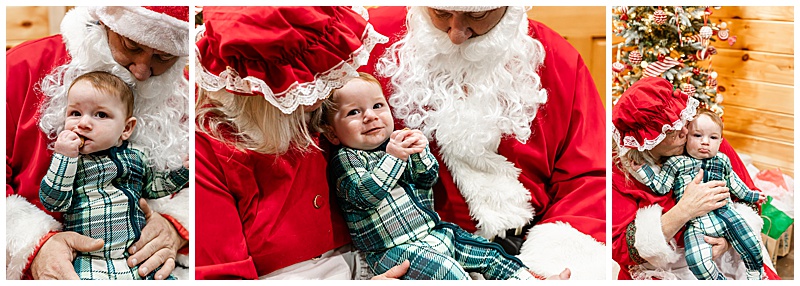 Collage of three. 1. Santa holding 6 month old while infant eats a cookie. 2. Mrs. Claus and Santa hold 6 month old while he holds a cookie and smiles at Mrs. Claus. 3. Mrs Claus kissing 6 month old's cheek while he holds her hair.