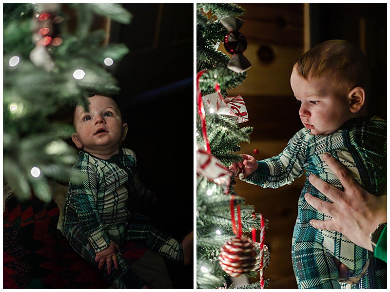 Collage of 2. 1. 6-month old looking up at Christmas tree, face is illuminated by lights. 2. 6 month old is being held so he can inspect Christmas tree's holly.
