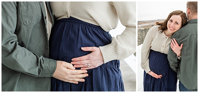 Collage of two, first is a close up of a mother and father with hands feeling maternity belly, second mother is leaning on father's shoulder, fathers back is turned towards us, mothers hand is on baby bump