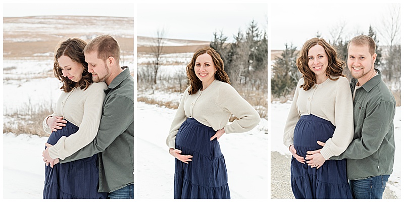 Collage of 3. 1. Side image of Mother and father embracing with hands on her baby bump in a wintery landscape. 2. Mother holding her bump, looking at camera, hand on hip. 3. Mother and father looking at camera all hands are on baby bump.
