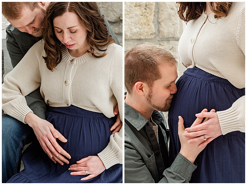 Collage of 2. 1. Mother and Father are sitting on steps, mother between his legs guiding Father's hand onto baby bump. 2. Father sitting on steps facing his standing Wife, kissing her baby bump.