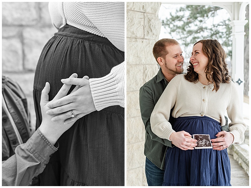 Collage of two. 1. Black and White close up of mother guiding fathers hand on baby bump. 2. Father is standing behind mother with arms wrapped around her both are holding an ultrasound image over the baby bump while they laugh at each other.