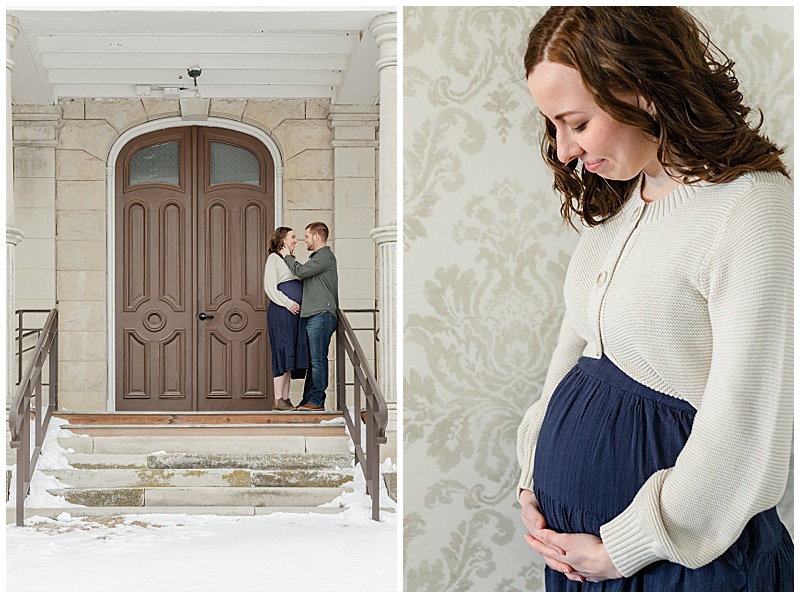 Collage of two. 1. Husband and Wife looking at each other, husband's hand is cupping wife's neck while she cradles her baby bump, standing in front of a large mansion door. 2. Wife holding her baby bump with both hands, inter clasped, looking down at baby bump in front of elegant wall paper design.