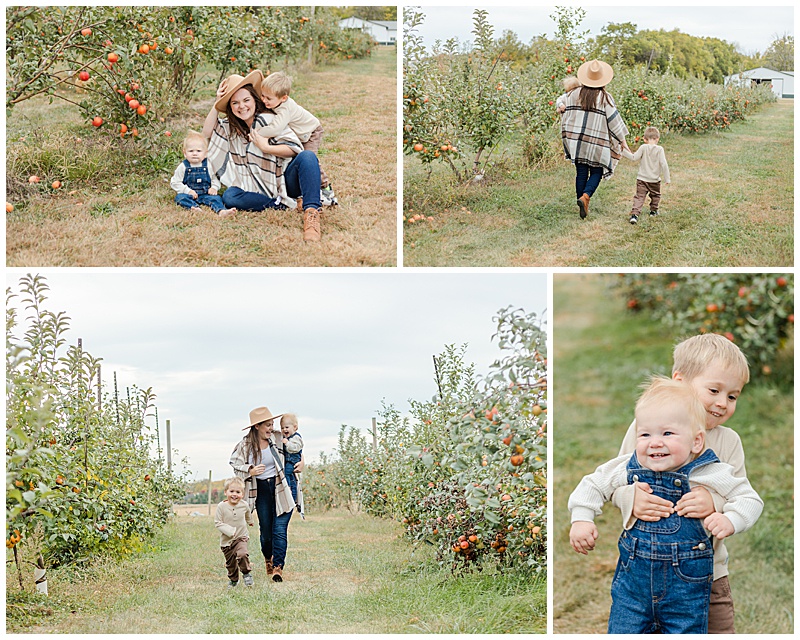 collage of motherhood moments of walking through the apple orchard, a child carrying his brother, and a tackling hug