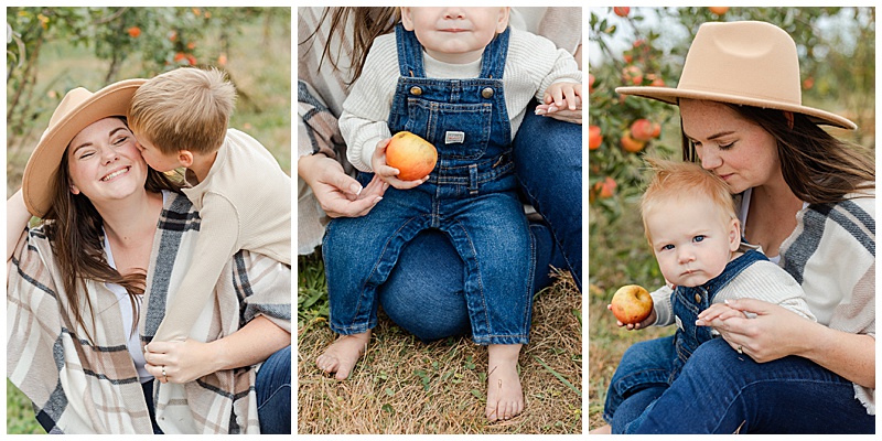collage of three. 1. son is hugging mom and kissing her on the cheek. 2. a little baby holding an apple in overalls sitting on his moms lap. 3. a mother in brown hat kissing top of babys head while holding his hand, he is holding an apple at the apple orchard