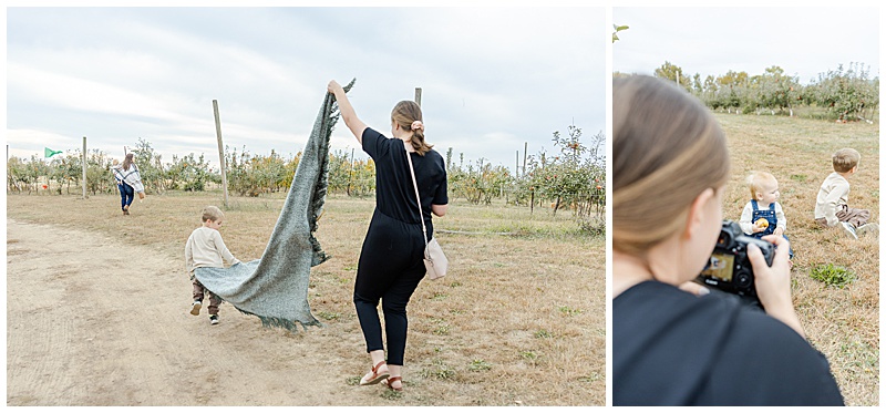 collage of photographer interacting with children at family photo session. one looks like she is holding a cape for the child.