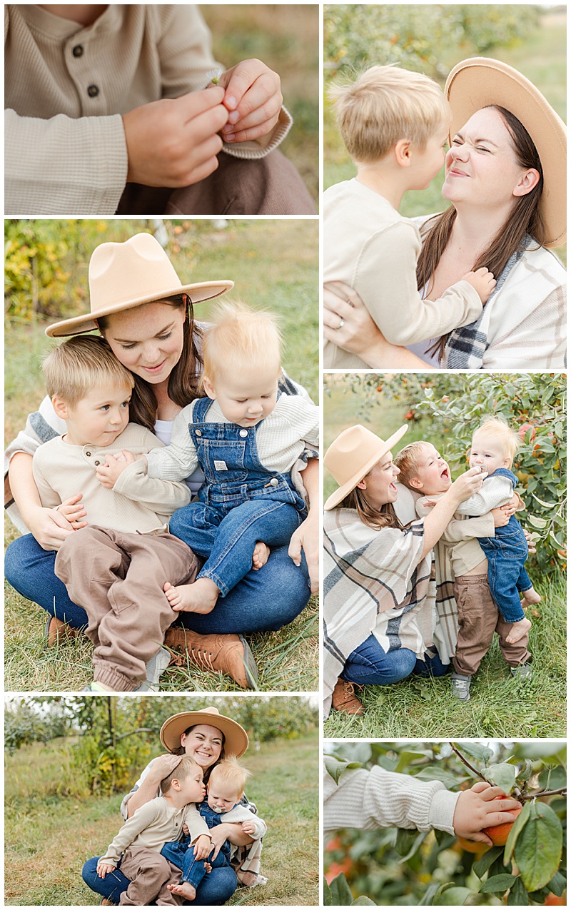 A collage of motherhood moments where a mother and her son do eskimo kisses, snuggle together, and laugh at a funny moment of lifting the baby, there is a close up of a child delicately holding a flower.