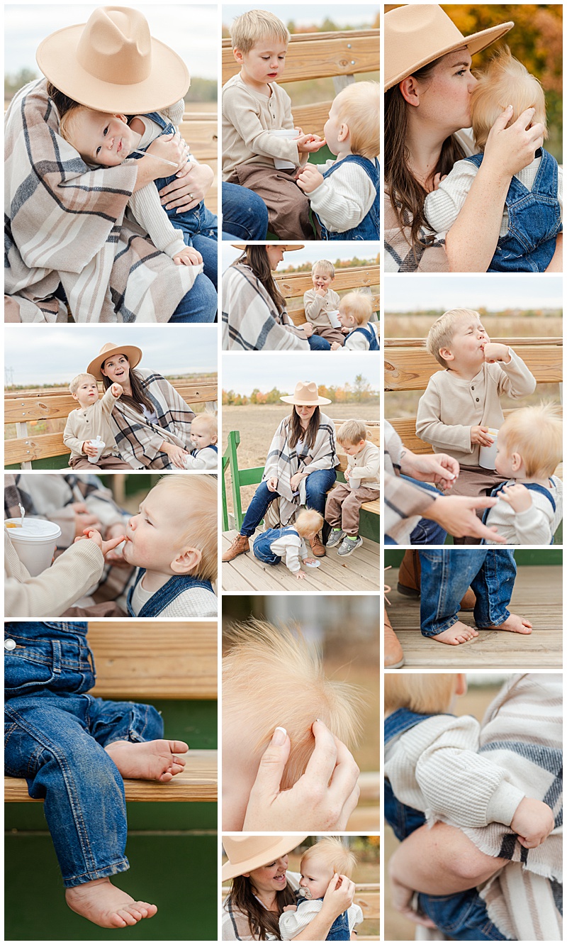 Large collage of mother and two sons riding on a hay rack ride enjoying apple cider slushes, pointing out birds, getting cuddles from momma, and laughing. A few baby details of dirty feet and a tight grip on mommas shirt, and a detail shot of mom caressing baby's hair that sticks straight up.