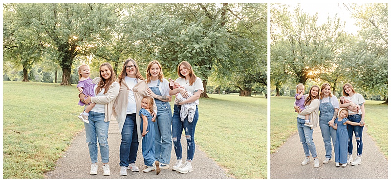 collage of two. 1. group of generational women all smiling at camera, sunset shining through trees. 2. group of siblings and their children same setting.
