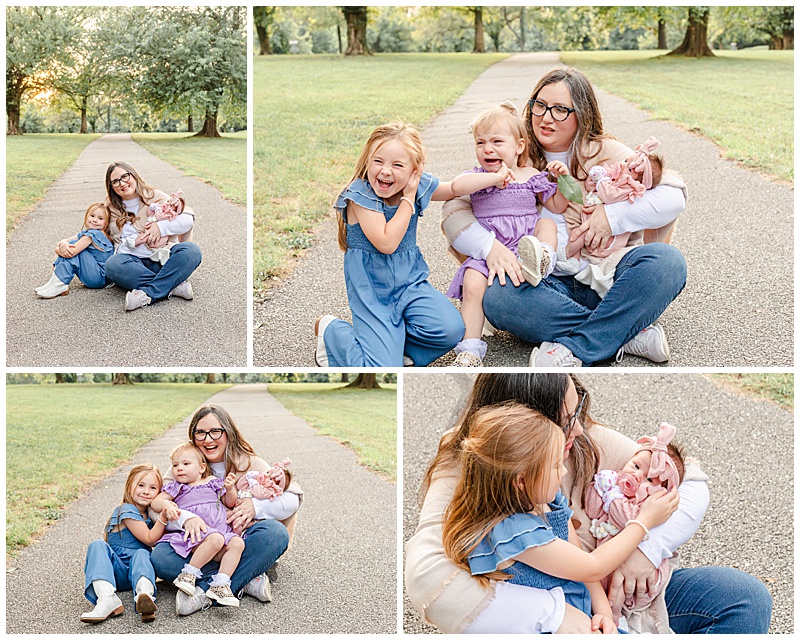 Collage of grandmother with grandchildren capturing real interactions of crying, laughter, and tenderness.