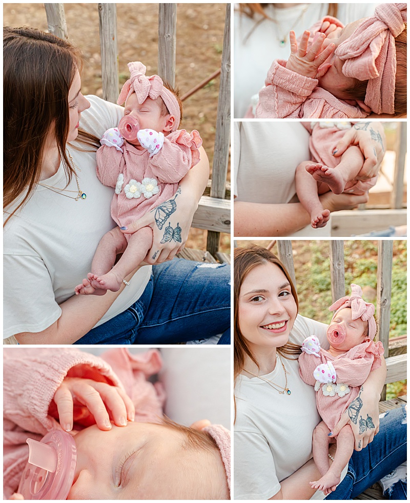 Collage of newborn details such as feet, hands, and with mother