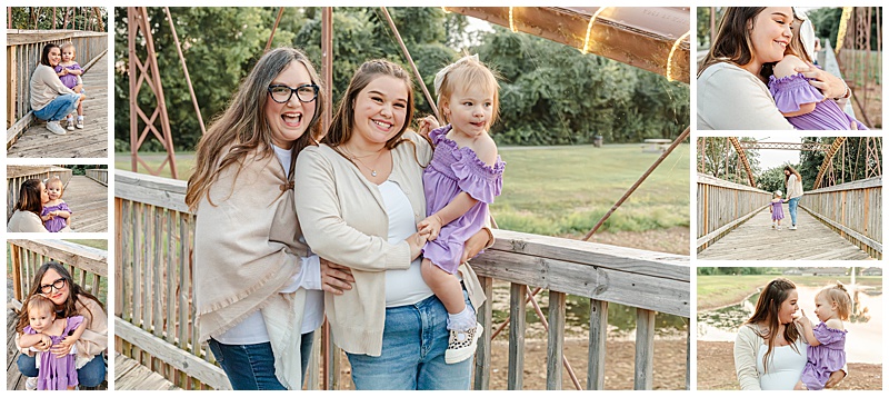 Collage of Mother and grandmother with little girl, full of tenderness and love along a bridge.