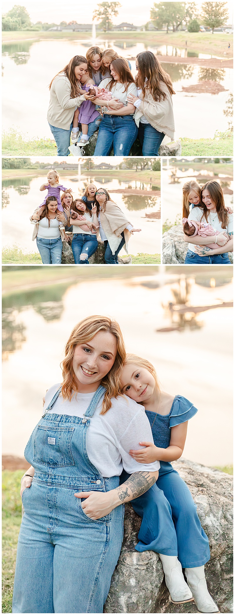 collage of generational women laughing, looking at newborn, making funny faces, and smiling at the camera