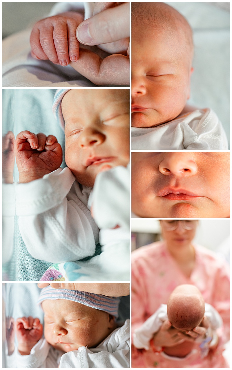 Collage of First 48 photos in Emporia Kansas of infant details. Like hand, lips, scratches on his head. Baby is sleeping