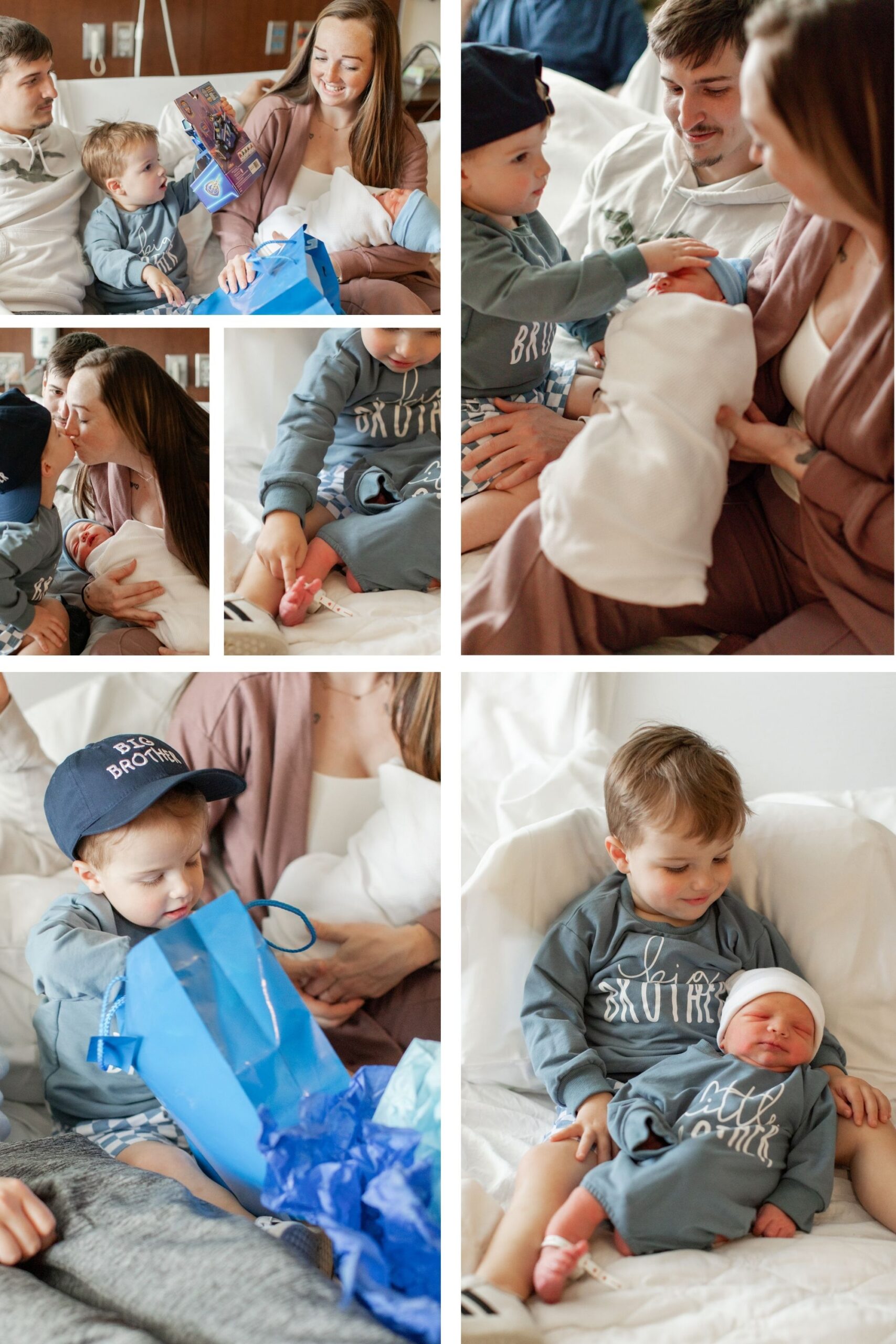 Collage of toddler with family meeting newborn. Toddler is inspecting infant and opening a gift.